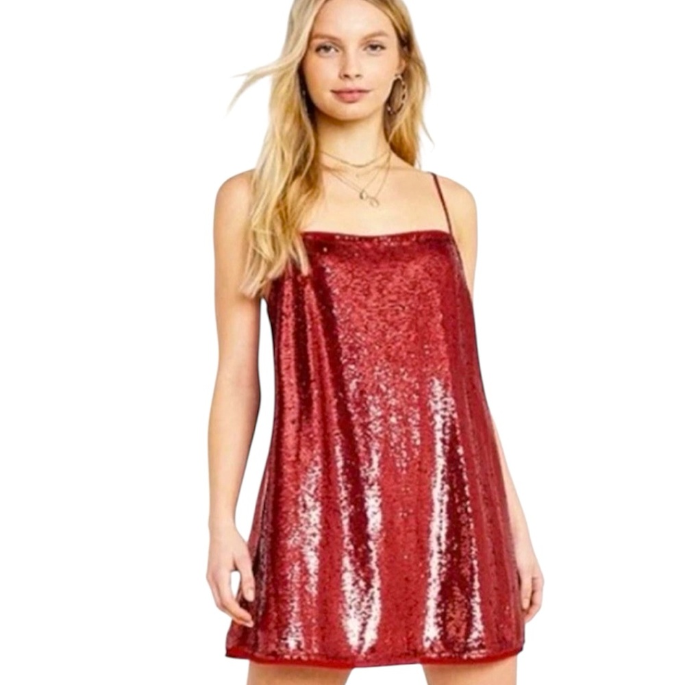Free People Time to Shine Red Sequin Shift Mini Dress Holiday Party New Year’s